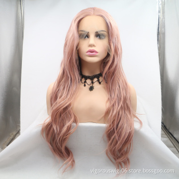 Xuchang Cheap Fashion High Quality Long Natural Wave Pink Color Synthetic Lace Hair Wig Machine Made Fiber Hair Wigs